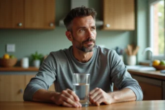 Homme de 40 ans assis à une table de cuisine tenant un verre d'eau, illustrant l'abstinence d'alcool avant une prise de sang CDT