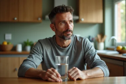 Homme de 40 ans assis à une table de cuisine tenant un verre d'eau, illustrant l'abstinence d'alcool avant une prise de sang CDT