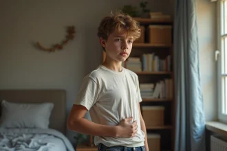 Garçon adolescent touchant son aisselle dans une chambre