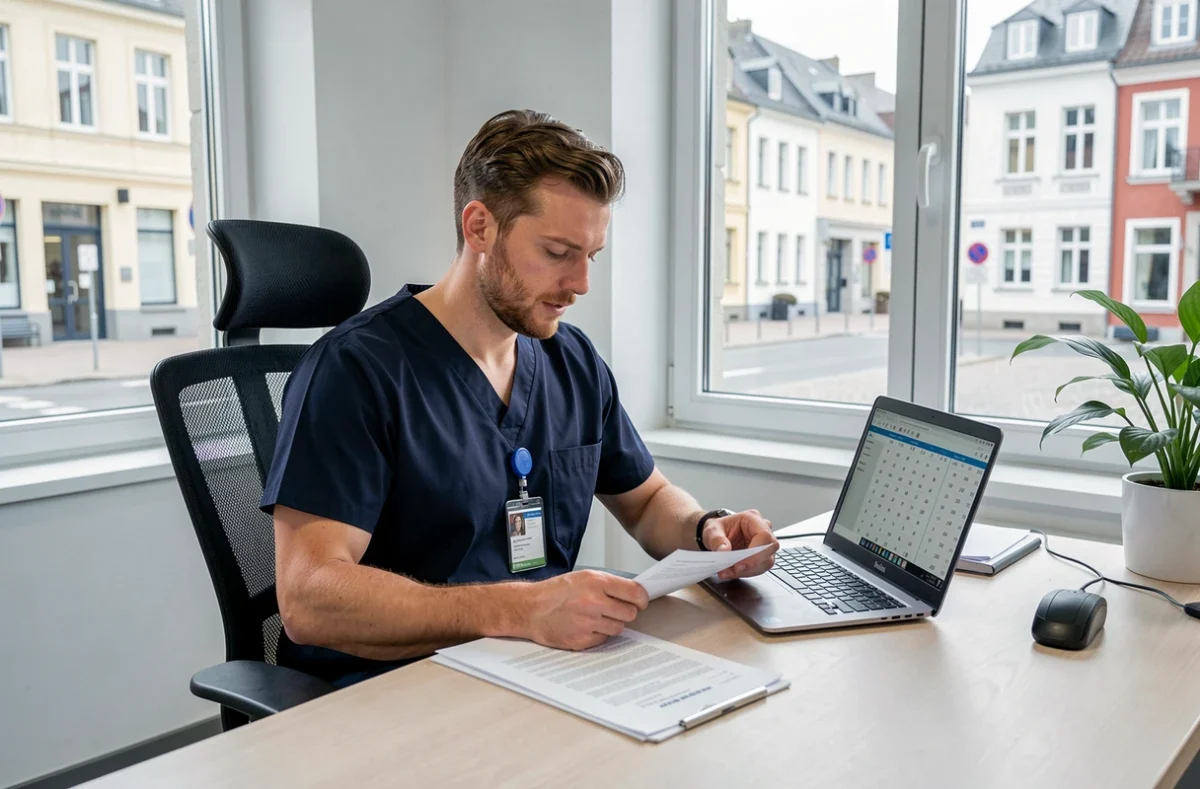 Aide soignant masculin consultant la grille salariale 2026 dans un bureau administratif au Luxembourg