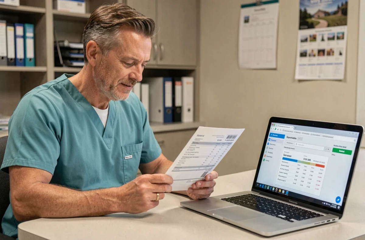 Aide-soignant consultant un simulateur de salaire sur ordinateur dans un bureau d'EHPAD