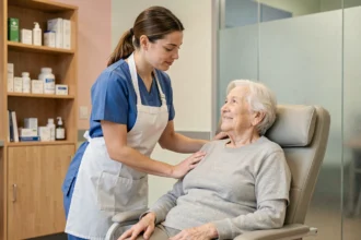 Aide soignante au Luxembourg accompagnant une personne âgée dans un établissement de soins moderne