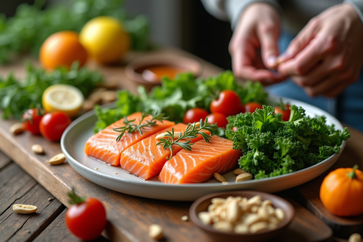 Aliments riches en vitamine PP comme saumon noix et légumes