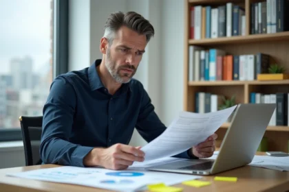 Homme analysant des documents critiques sur son bureau dans un bureau à domicile moderne, symbolisant l'évaluation des promesses et limites d'une méthode