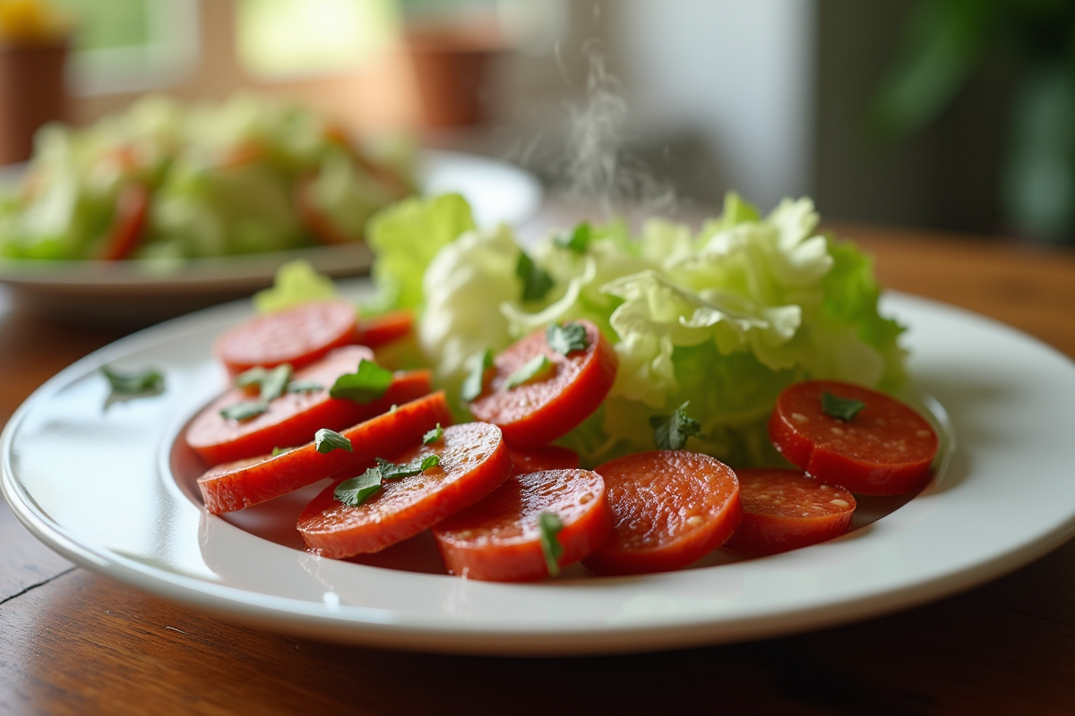 Assiette de chorizo chaud avec salade fraîche sur table en lumière naturelle