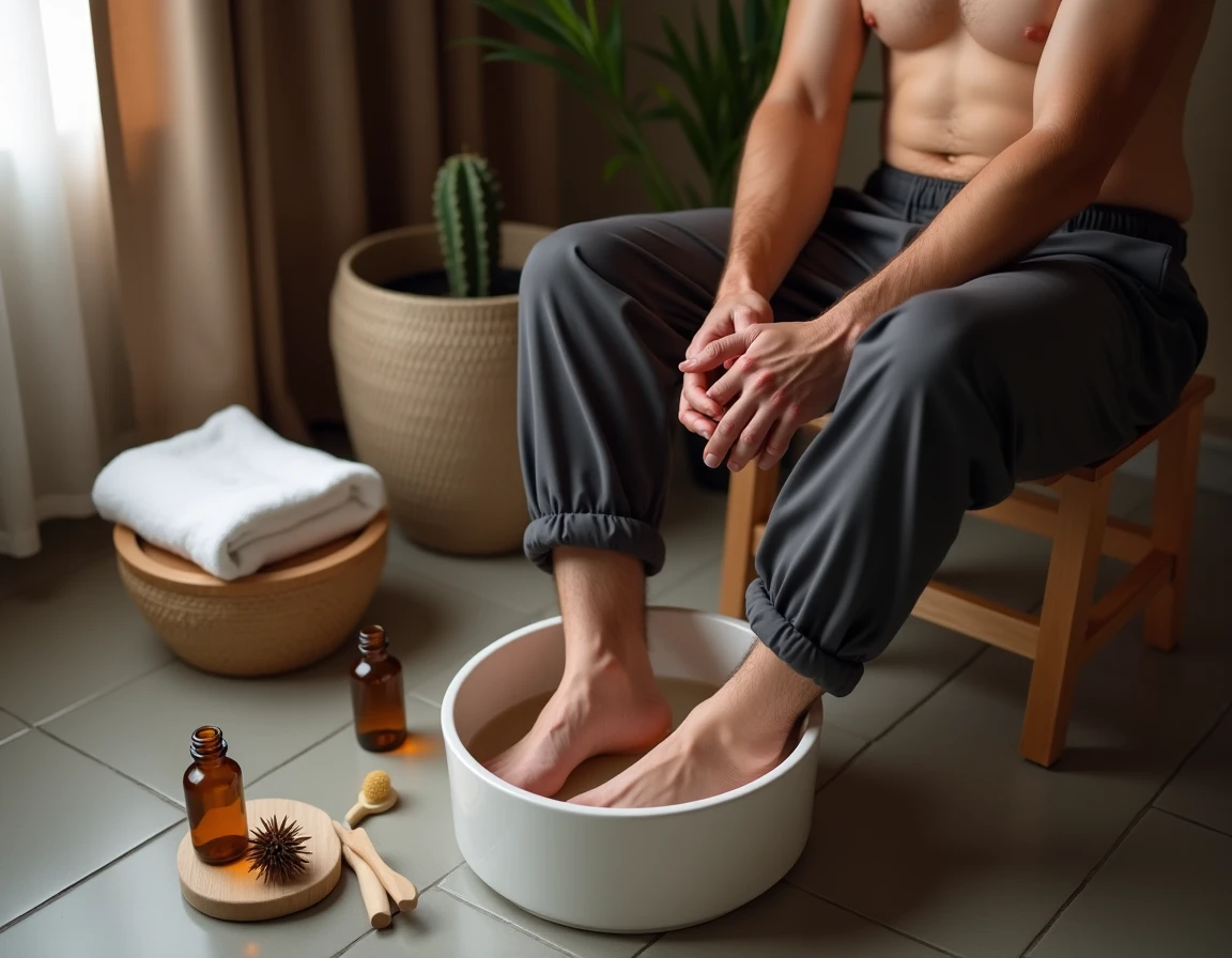 Homme trempant ses pieds aux ongles épais dans un bain de pieds aux herbes pour un soin maison recommandé par les podologues
