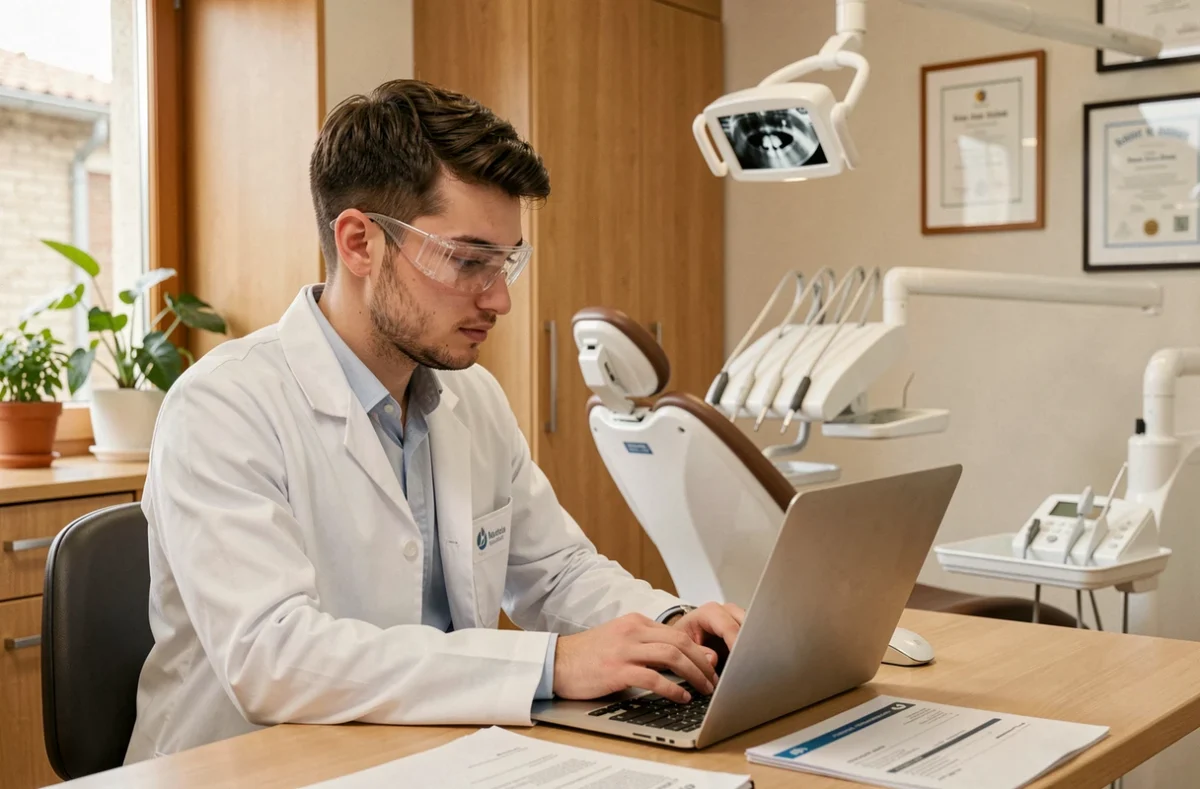 Kevin Becourt, dentiste à Marle, consultant des dossiers patients dans son cabinet