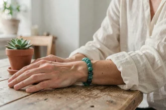 Bracelet en amazonite porté au poignet par une femme en intérieur scandinave, pierre teal-verte naturelle sur table en bois