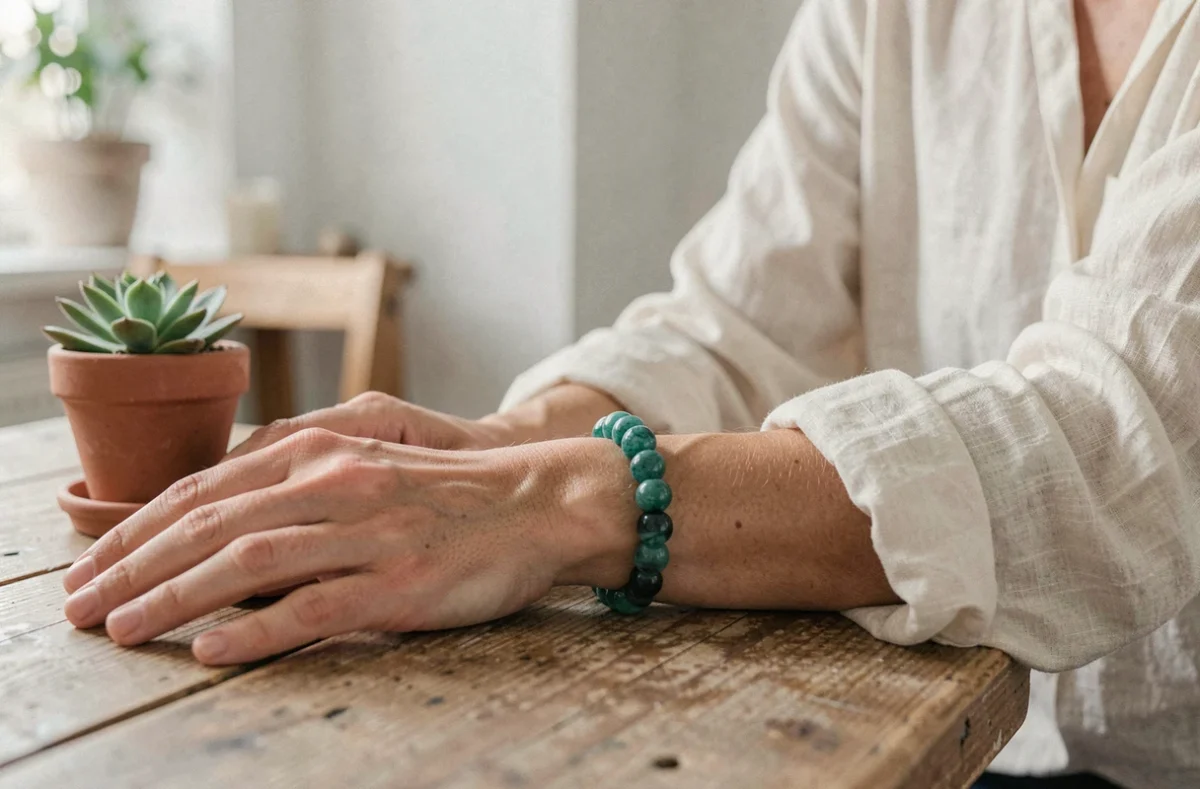Bracelet en amazonite porté au poignet par une femme en intérieur scandinave, pierre teal-verte naturelle sur table en bois