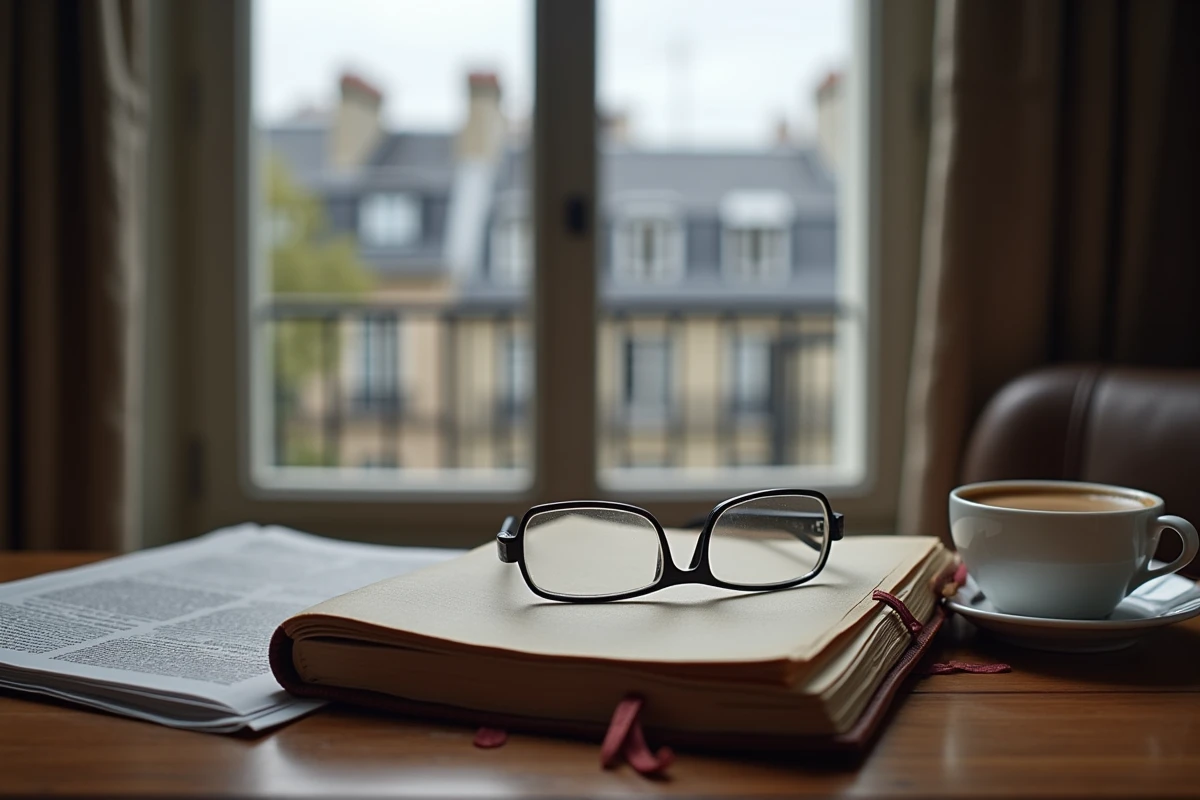 Bureau d'un homme public avec agenda en cuir, journal français et café espresso, évoquant une pause réflexive