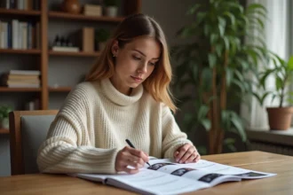 Femme consultant un calendrier médical et des échographies pour calculer sa date de début de grossesse en FIV