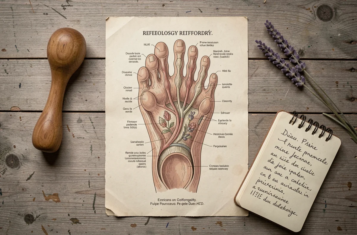 Carte de réflexologie plantaire sur papier ancien posée sur un bureau en bois avec outils de massage et notes manuscrites