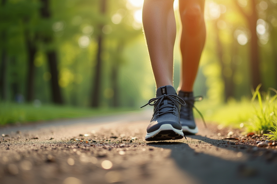 Chaussures de sport sur sentier en nature ensoleillee
