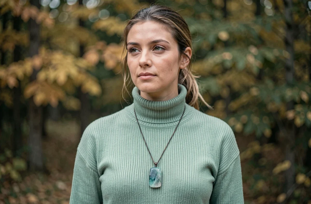 Collier pendentif en amazonite brute porté au cou par une femme devant une forêt automnale, pierre naturelle teal et verte