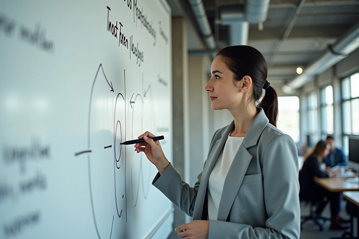 Femme présentant une analyse comparative sur tableau blanc dans un espace de coworking, illustrant la critique et les alternatives à une méthode