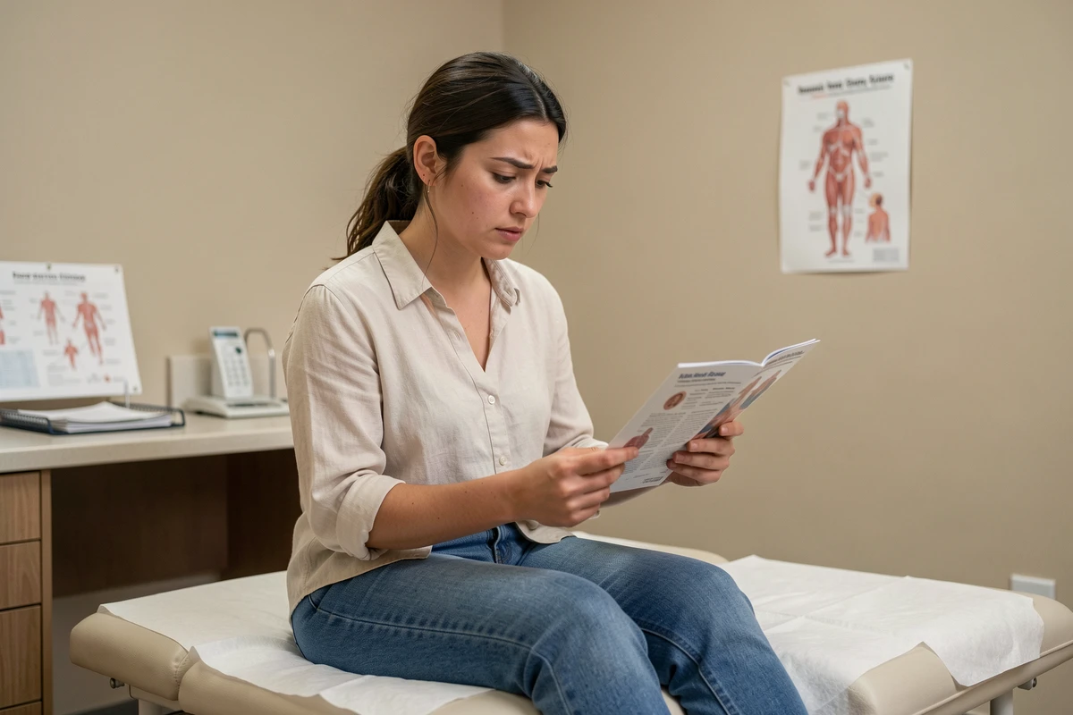 Femme adulte consultante dans un cabinet gynécologique moderne, tenant une brochure médicale avec une expression préoccupée