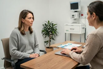 Femme consultant un gynécologue pour un diagnostic de kyste aux ovaires dans un cabinet médical moderne