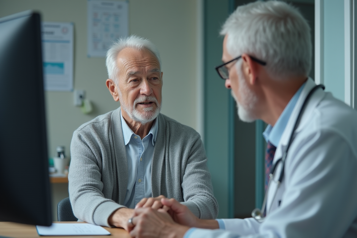 Patient âgé discutant avec un médecin en clinique
