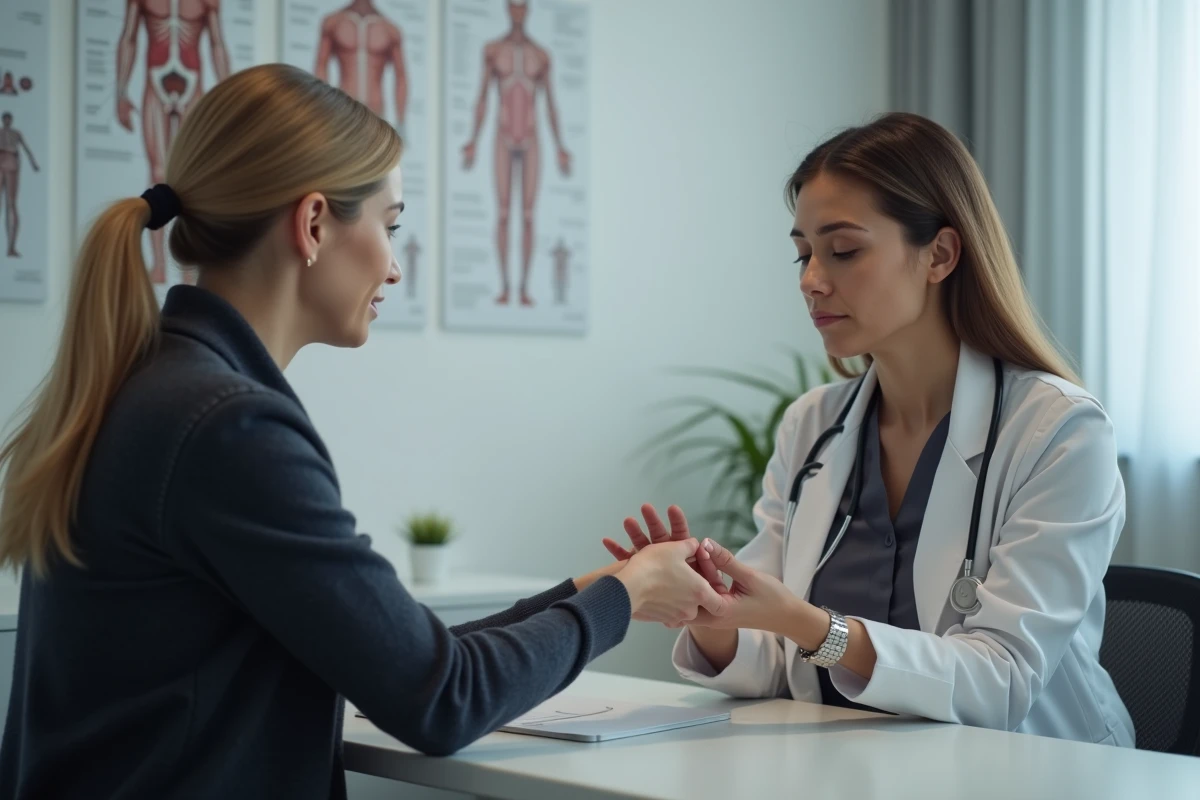 Patiente montrant sa main gauche qui gratte à un médecin généraliste lors d'une consultation pour identifier signe ou symptôme