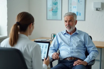 Homme d'âge moyen en consultation médicale attentive