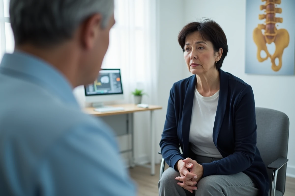 Femme de 52 ans lors d'une consultation médicale pour ostéophytose, discutant de son incapacité de travail et des différences entre handicap et inaptitude avec un professionnel de santé