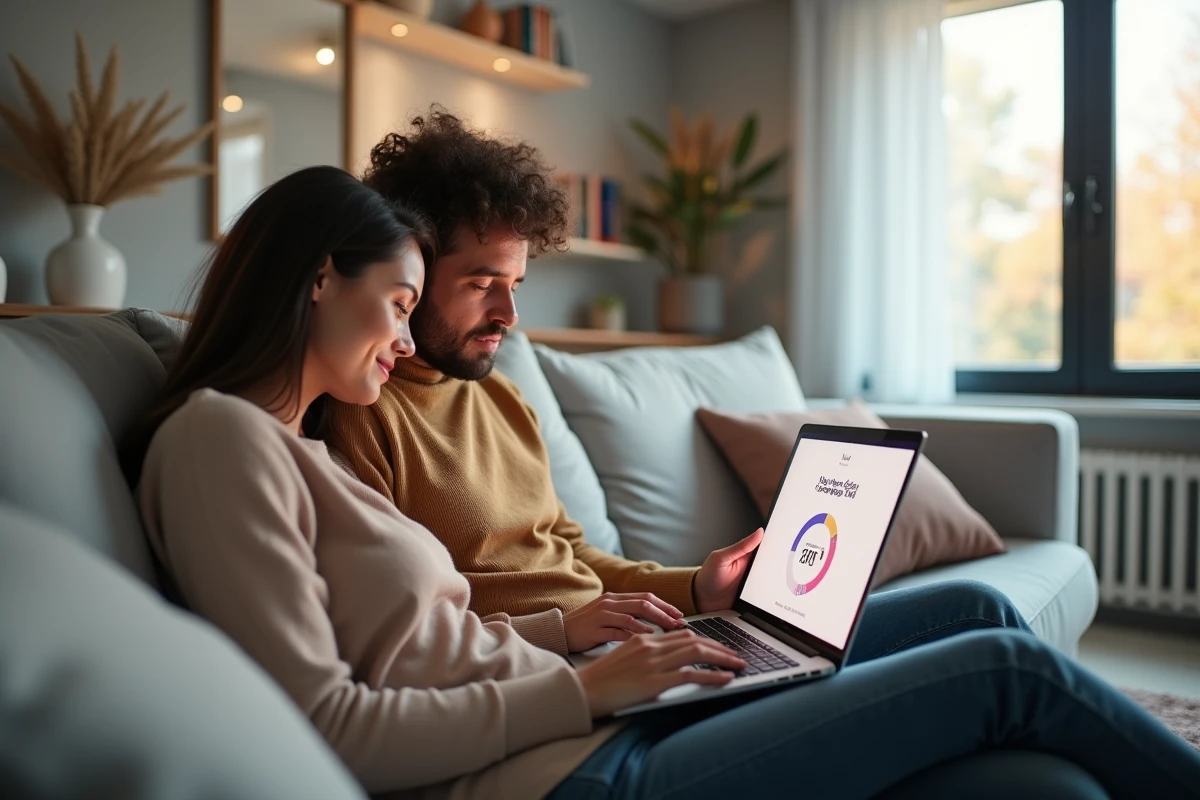 Couple consultant un calculateur de date d'accouchement en ligne après un traitement de procréation médicalement assistée