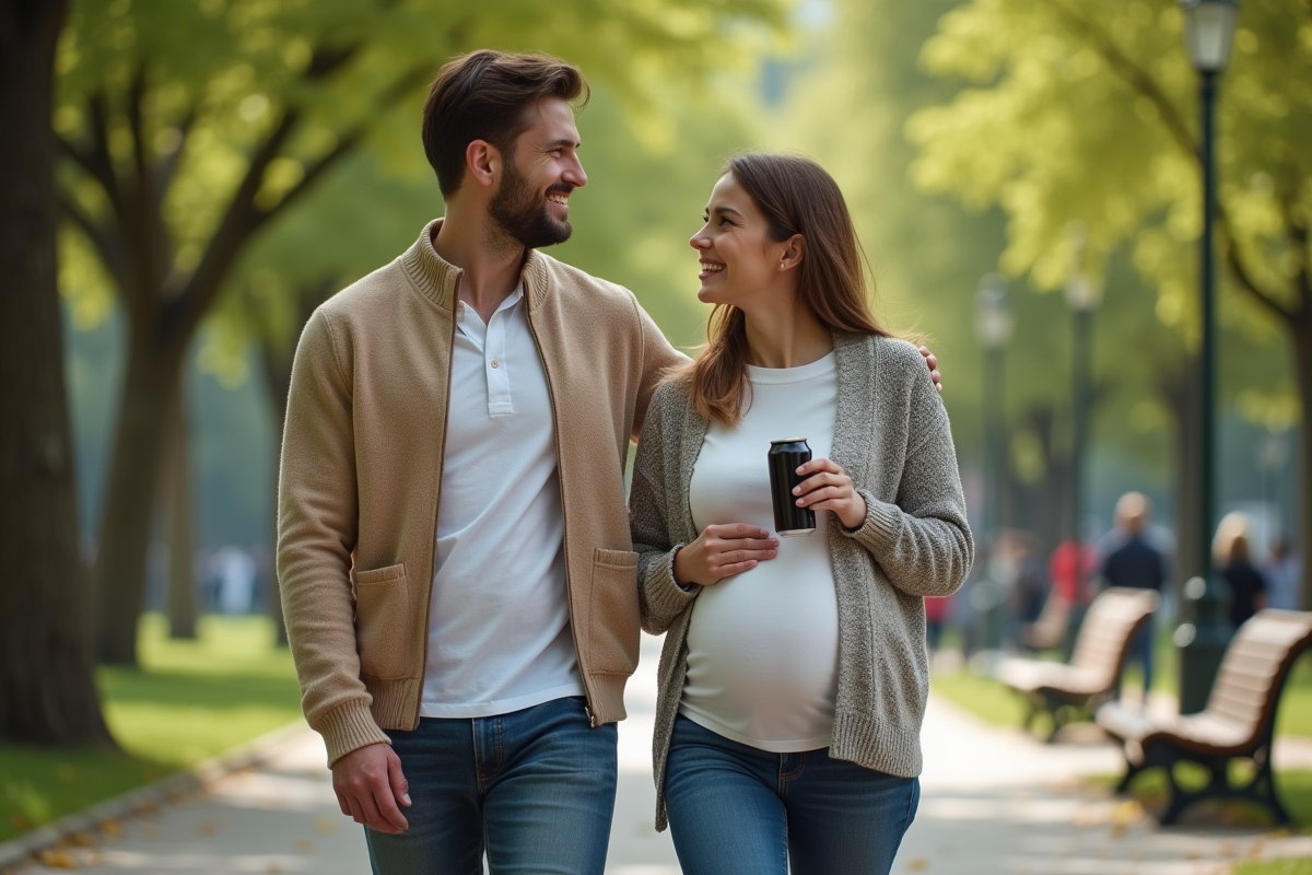 Couple enceinte se promenant dans un parc verdoyant