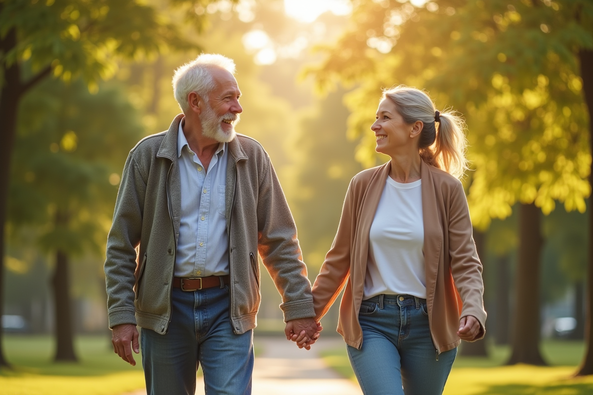 Couple senior marchant dans un parc en pleine nature