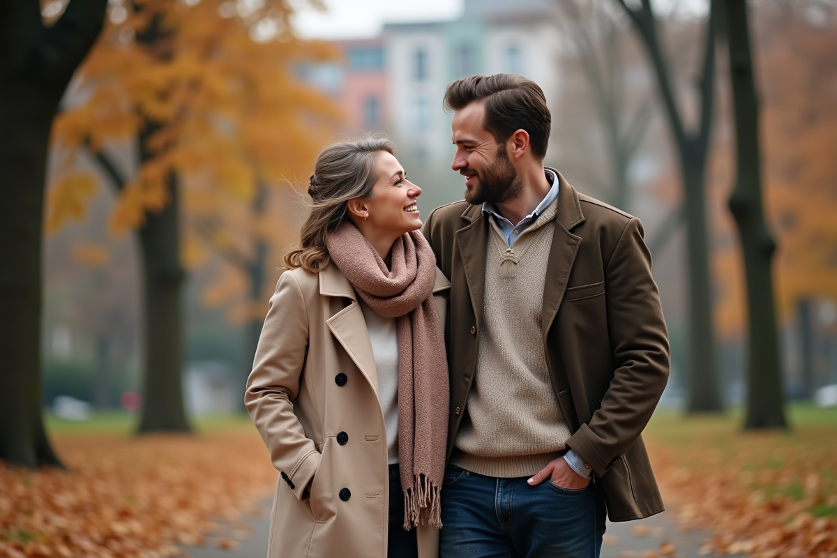 Couple marchant dans un parc en automne avec sourires chaleureux
