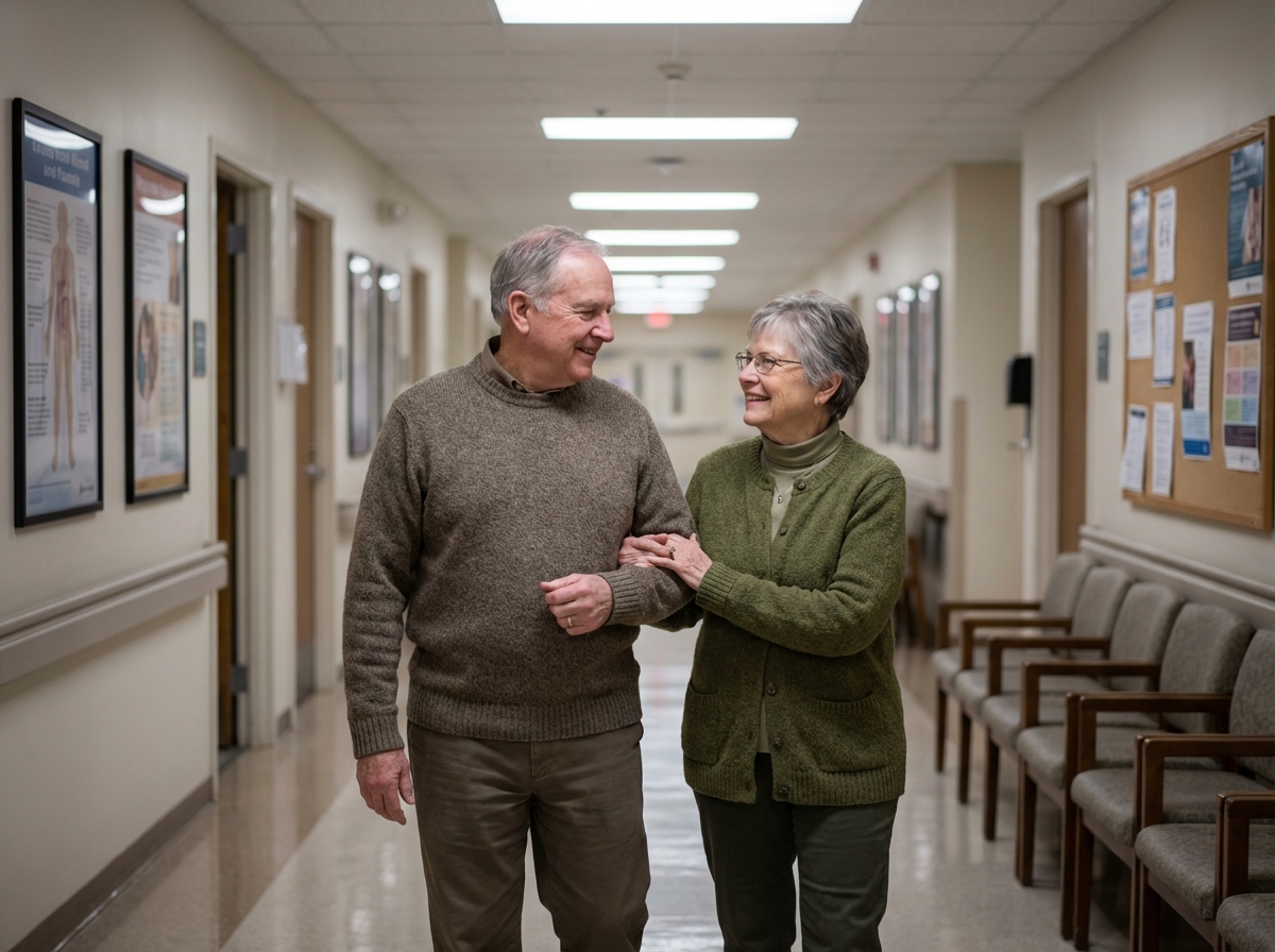 Couple senior marchant dans un couloir d
