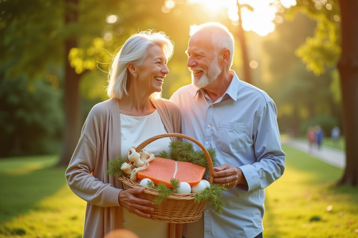 Couple senior souriant dans un parc avec panier de saumon