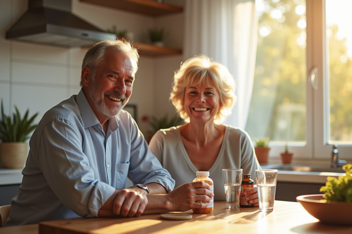 Couple senior souriant prenant des vitamines au matin