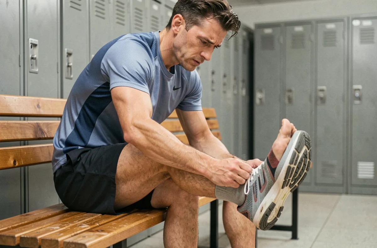 Coureur assis dans un vestiaire inspectant son ongle de pied après une course, chaussure de running retirée