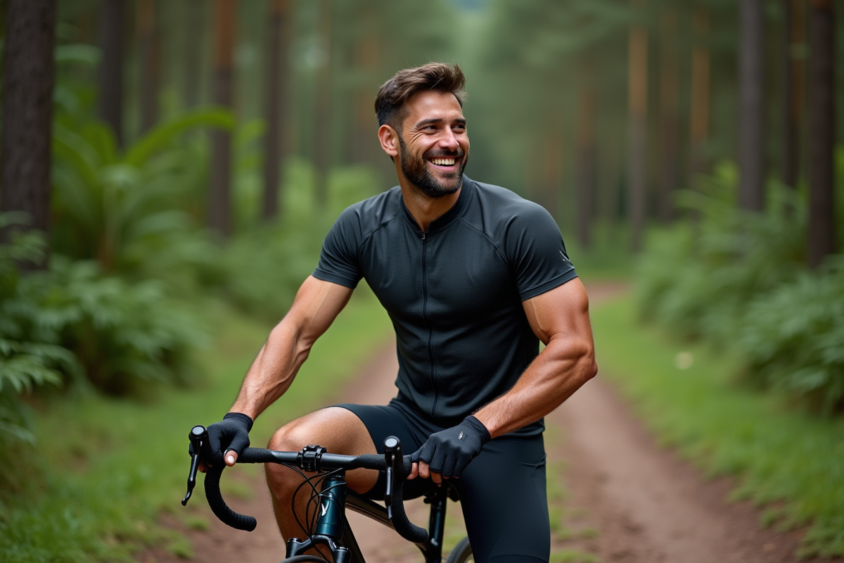 Homme en vélo de montagne en pause sur un sentier forestier