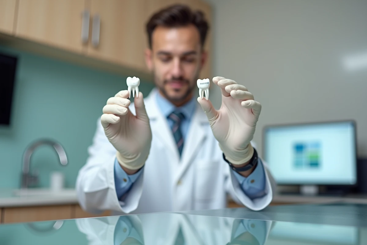 Jeune dentiste tenant des échantillons dentaires en laboratoire