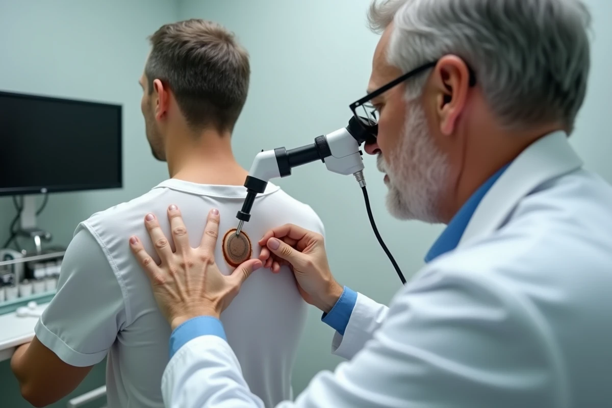 Dermatologue utilisant un dermatoscope pour analyser une verrue séborrhéique dans le dos d'un patient