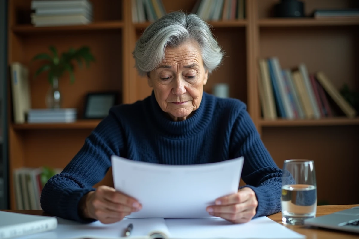 Femme en convalescence à son bureau à domicile, regardant un document avec difficulté à se concentrer, illustrant les séquelles cognitives d'une anesthésie générale