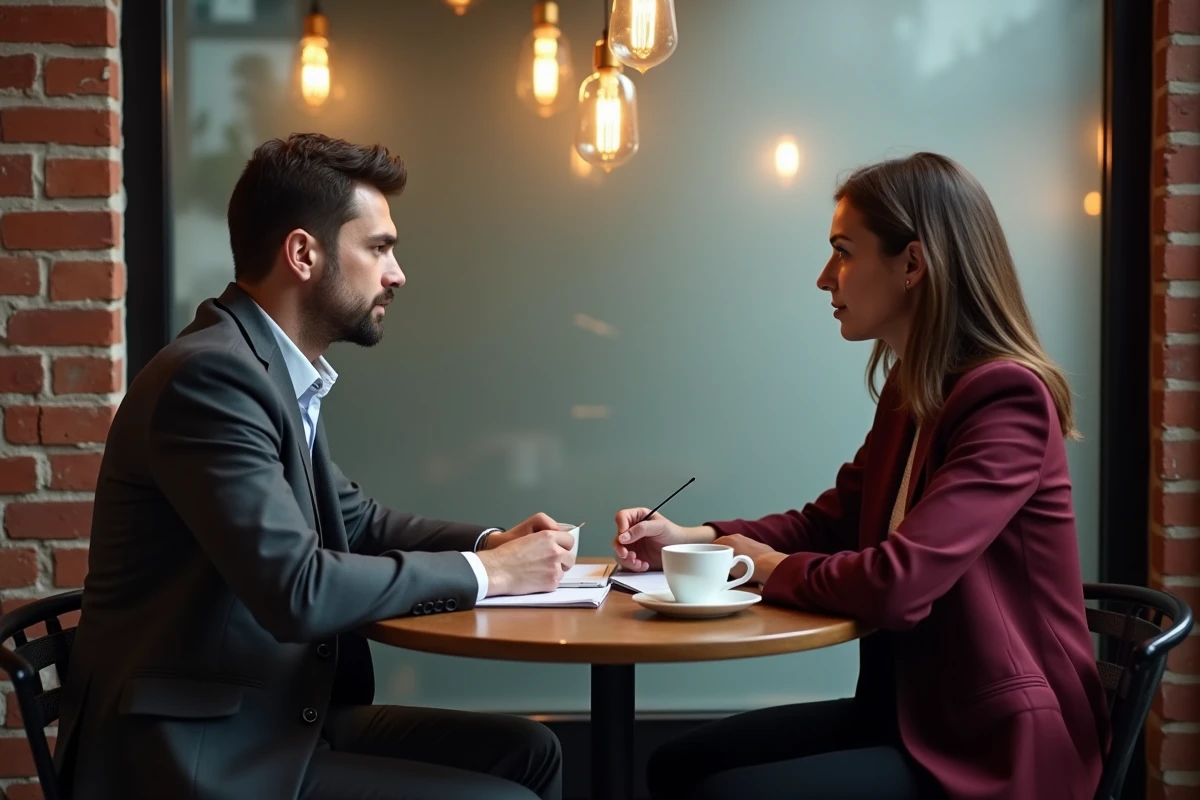 Deux professionnels discutant de critiques et d'alternatives dans un café urbain, représentant un échange d'expertises sur les limites d'une approche
