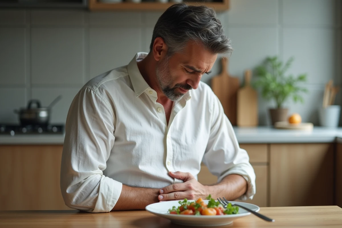Homme assis à une table de cuisine avec la main sur le côté droit du ventre, suggérant une douleur abdominale et des troubles digestifs après un repas