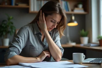 Femme stressée tenant son aisselle gauche douloureuse à son bureau à domicile, exprimant une tension physique liée au stress