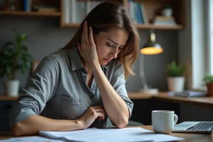 Femme stressée tenant son aisselle gauche douloureuse à son bureau à domicile, exprimant une tension physique liée au stress