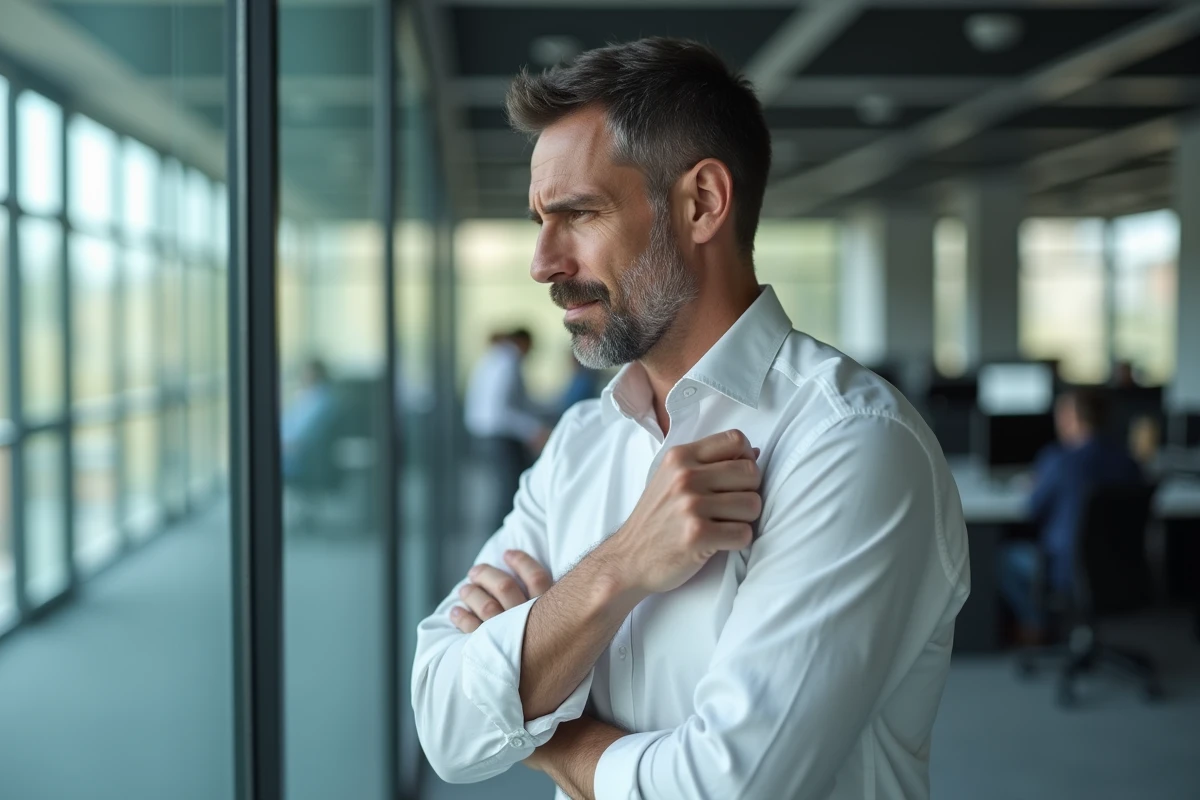 Homme en costume ressentant une douleur sous l'aisselle gauche dans un bureau moderne, tension nerveuse et stress professionnel