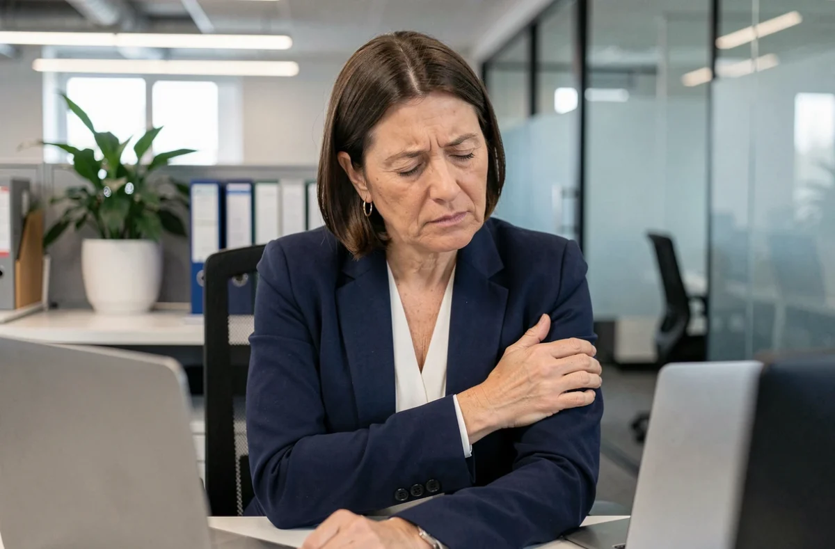 Femme en tenue professionnelle au bureau souffrant d'une douleur au bras gauche accompagnée de fatigue, illustration des signes d'alerte à connaître
