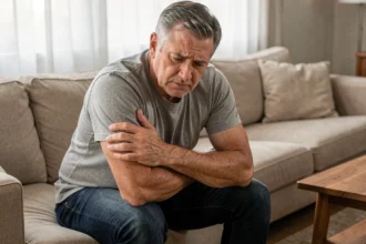 Homme adulte assis sur un canapé tenant son bras gauche avec une expression de douleur discrète, signe d'alerte cardiaque potentiel