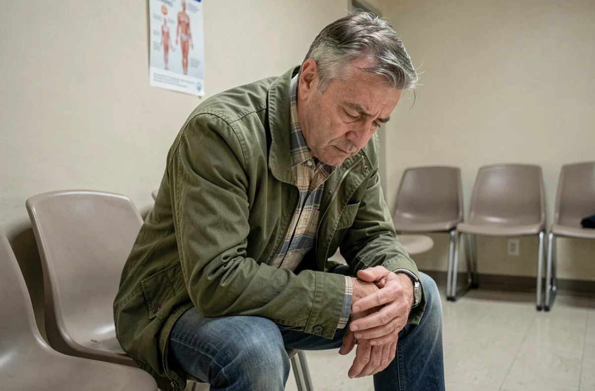 Patient d'âge mûr en salle d'attente médicale tenant son bras gauche douloureux, illustrant la nécessité de consulter rapidement en cas de signes d'alerte