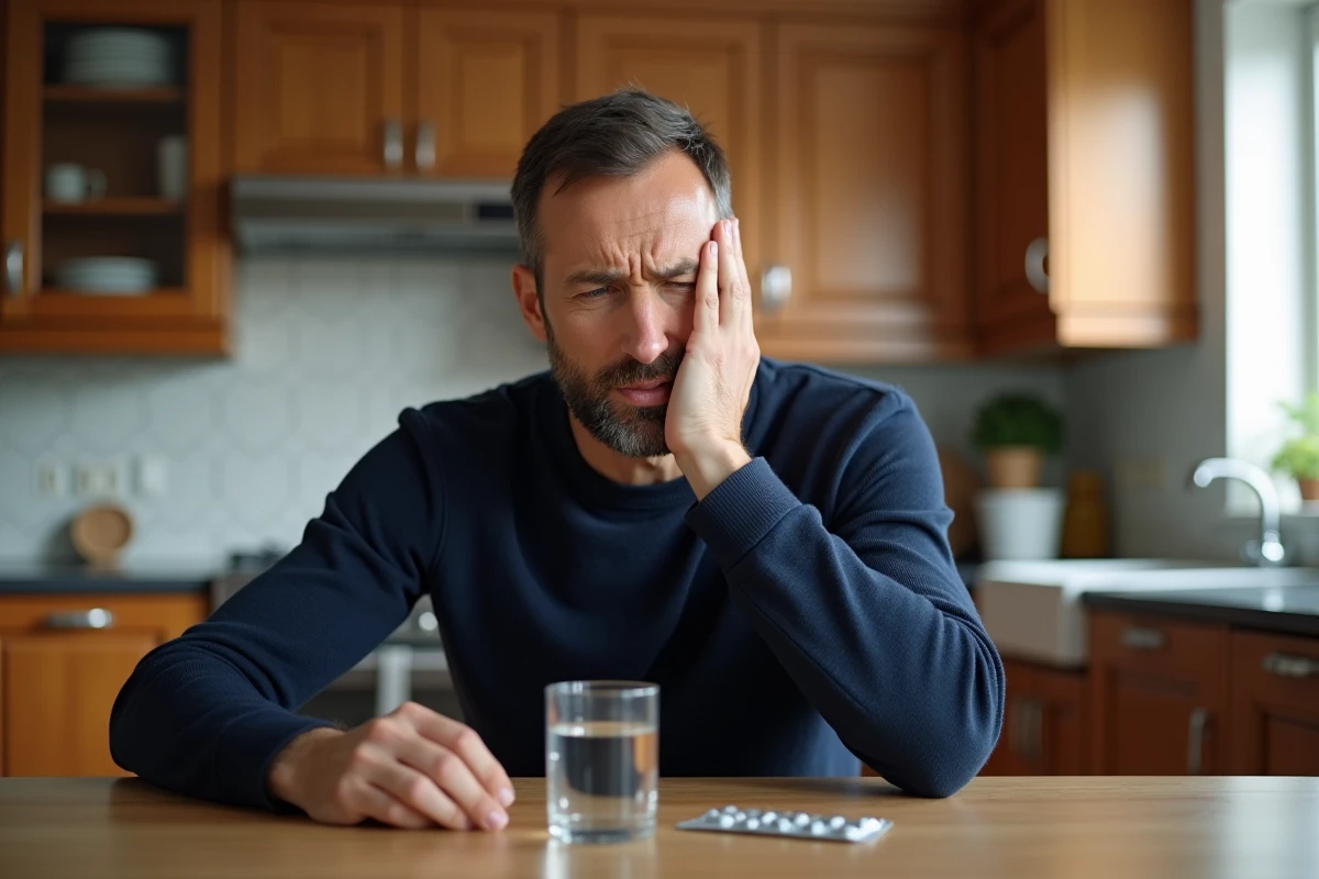 Homme d'âge moyen tenant sa mâchoire douloureuse à la maison avec des médicaments posés sur la table devant lui