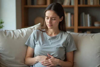 Femme assise tenant son ventre côté droit avec une expression de gêne abdominale, illustrant la douleur au ventre et les ballonnements