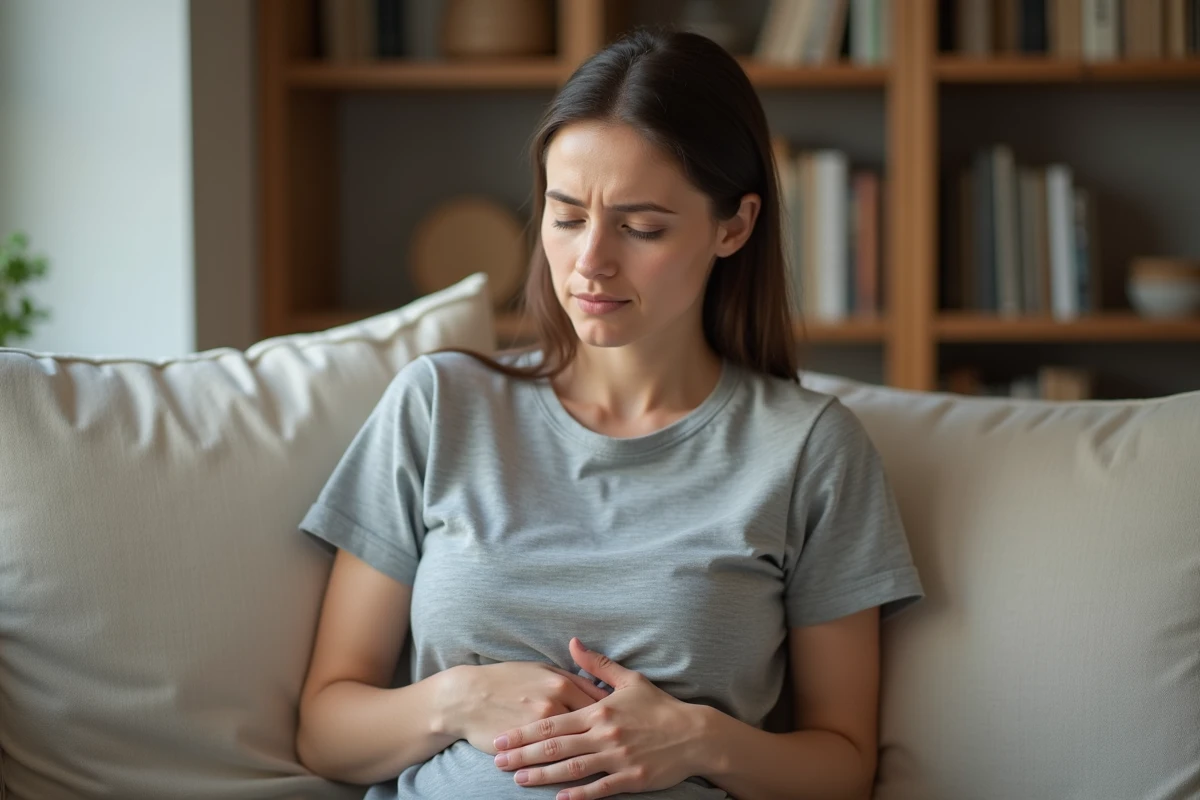 Femme assise tenant son ventre côté droit avec une expression de gêne abdominale, illustrant la douleur au ventre et les ballonnements