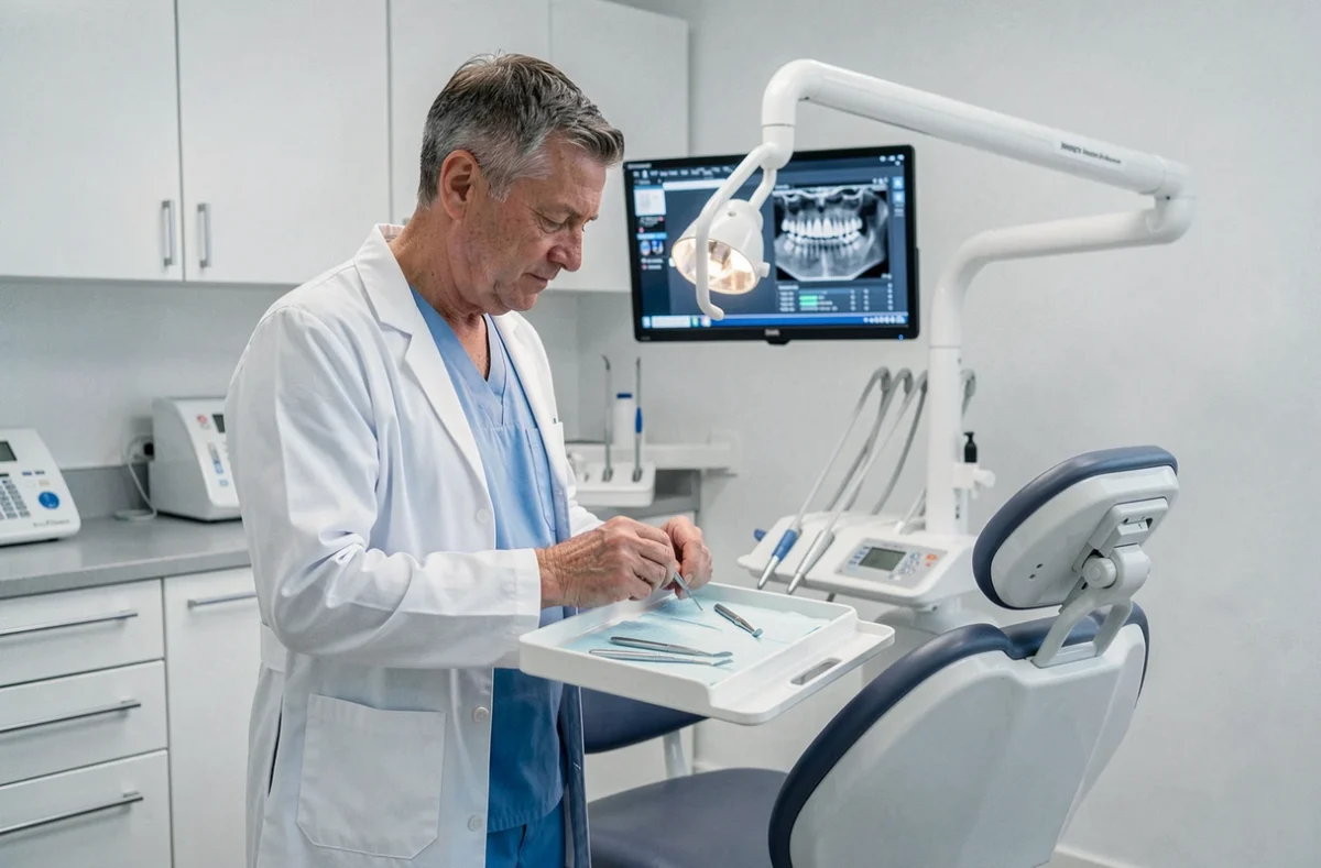Dr François Galet préparant des instruments dentaires dans son cabinet à Lille