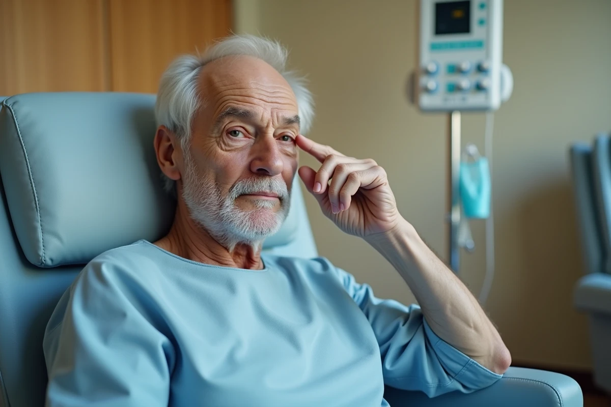 Homme âgé en salle de réveil après anesthésie générale, la main sur la tempe, exprimant la confusion et la fatigue cognitive post-opératoire